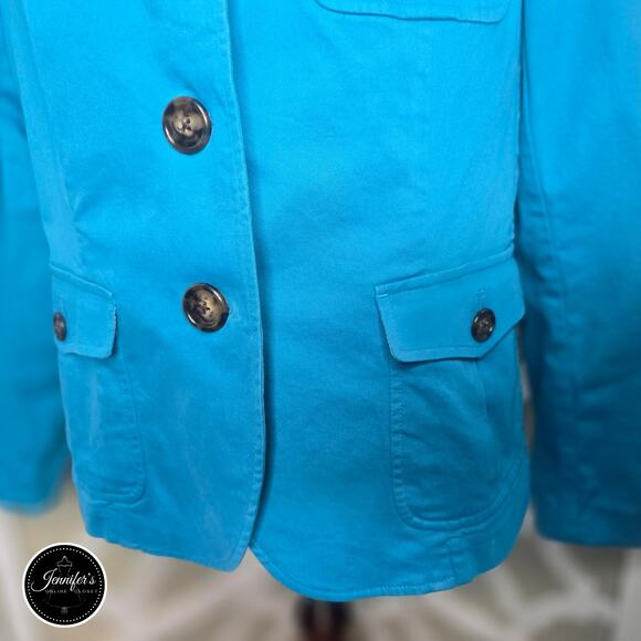 Talbots Teal Blue Cotton Blend Stretch Medium Weight Unlined Jacket Size 12 - Picture 4 of 9